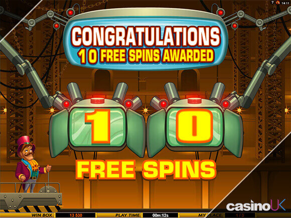 A screenshot showing the a free spins win on the Gold Factory slot game