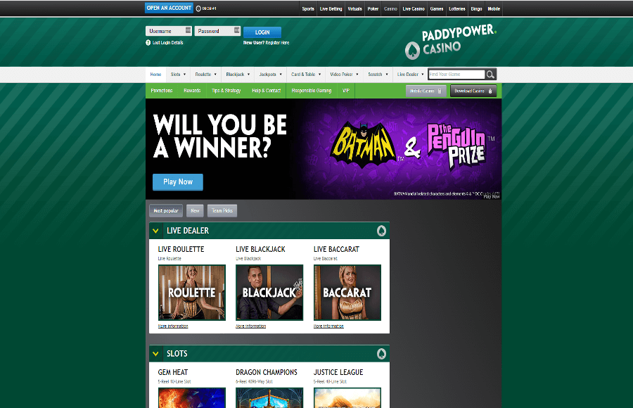A screenshot of the Paddy power casino homepage