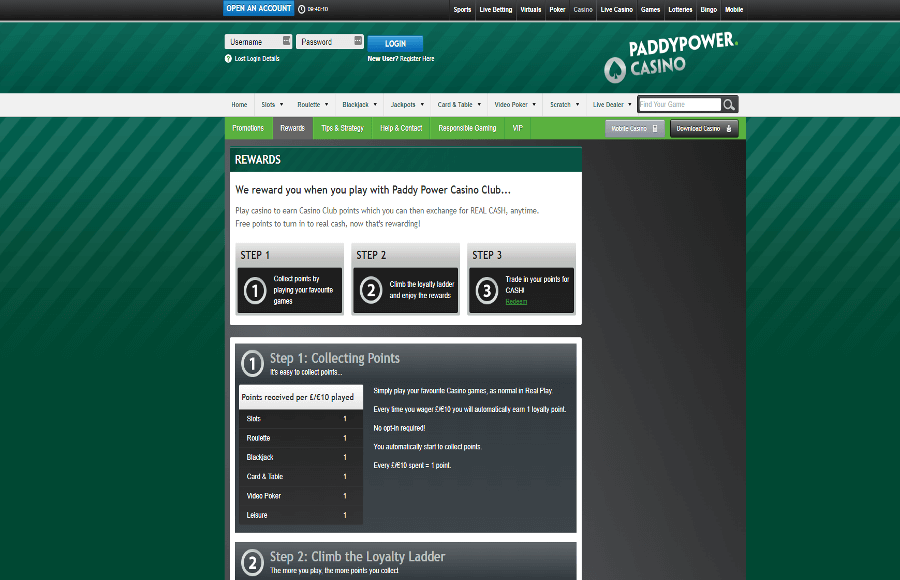 A screenshot of the Paddy Power casino rewards page