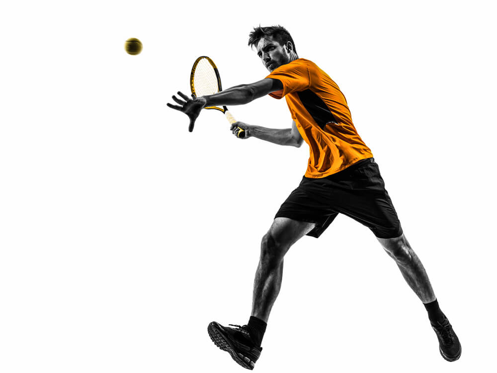 one man tennis player in silhouette on white background