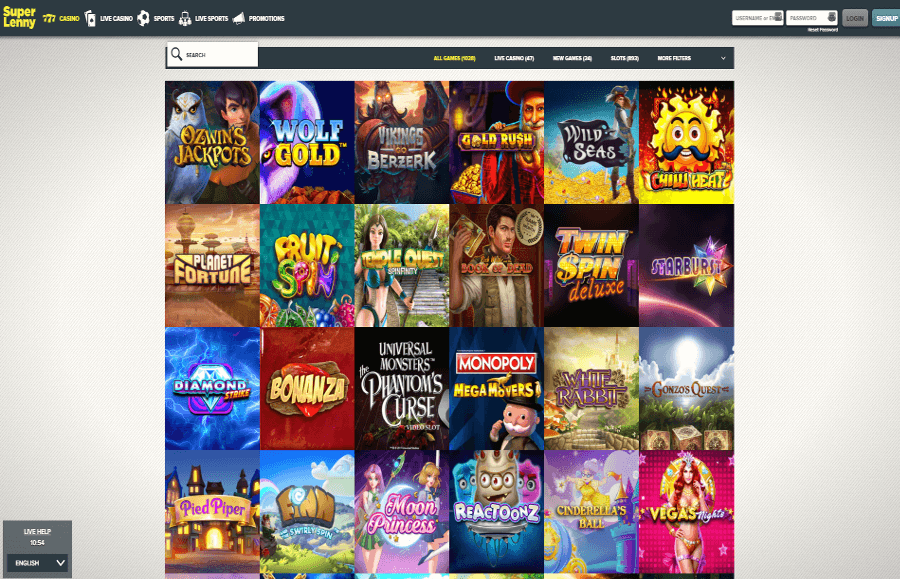 A screenshot of the SuperLenny casino games page showing slot game thumbnails