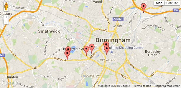 A map containing the Casinos in Birmingham