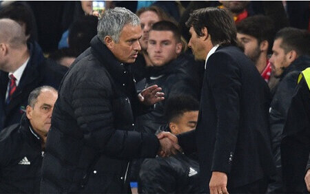 An image of football manager Antonio Conte shaking hands with Jose Murinho