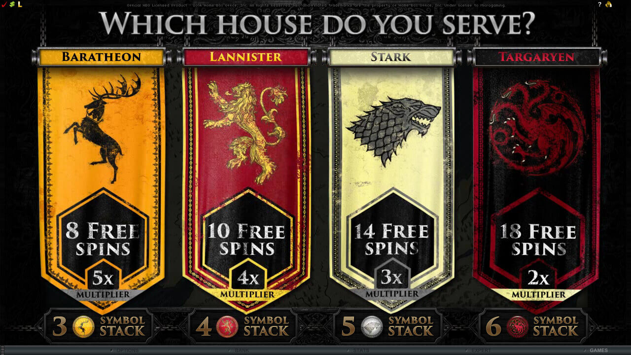 A screenshot of the game of thrones casino slot game