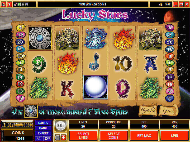 A screenshot of the Lucky Stars Online Slot Gameplay