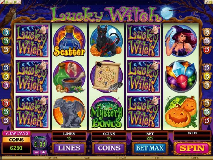 A screenshot of the Lucky Witch Online Slot Gameplay