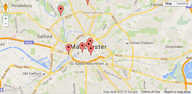 A map containing the Casinos in Manchester