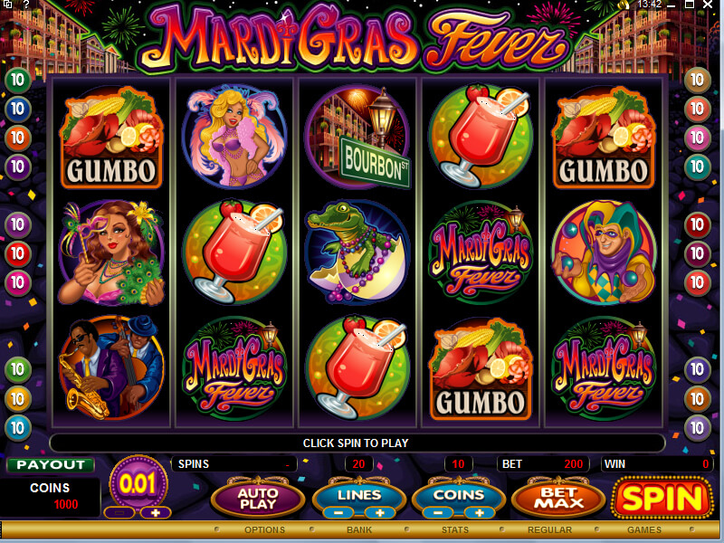 A screenshot of the Mardi Gras Fever Online Slot Gameplay