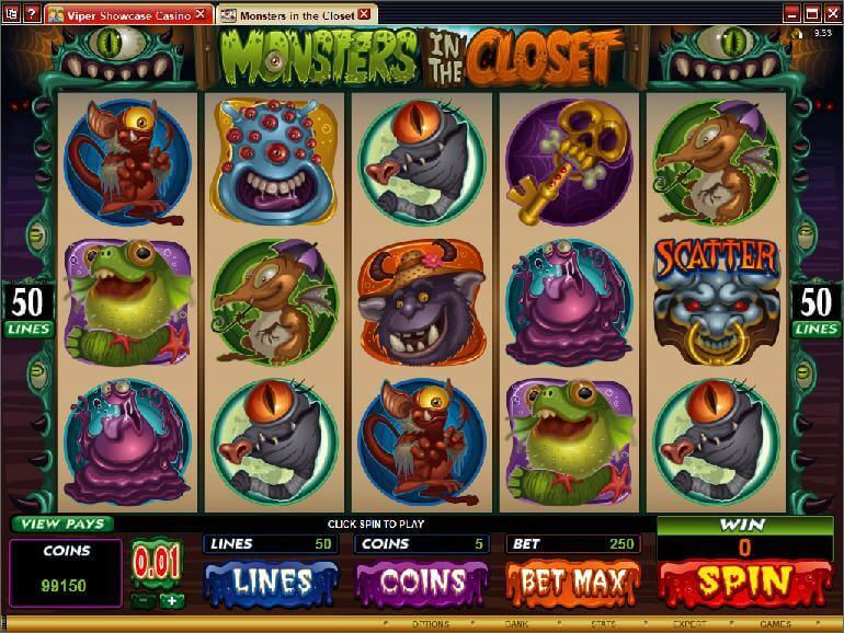 A screenshot of Monster in a Closet Online Slot Gameplay