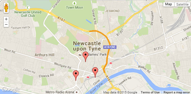 A map containing the Casinos in Newcastle
