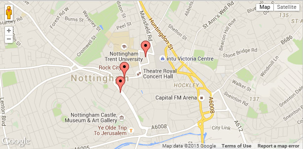 A map containing the Casinos in Nottingham