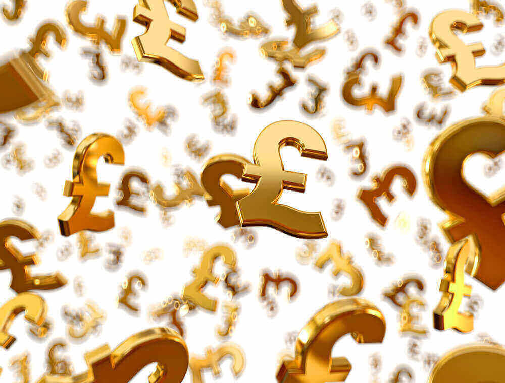 An image of Golden pound sterling signs falling on the white background.