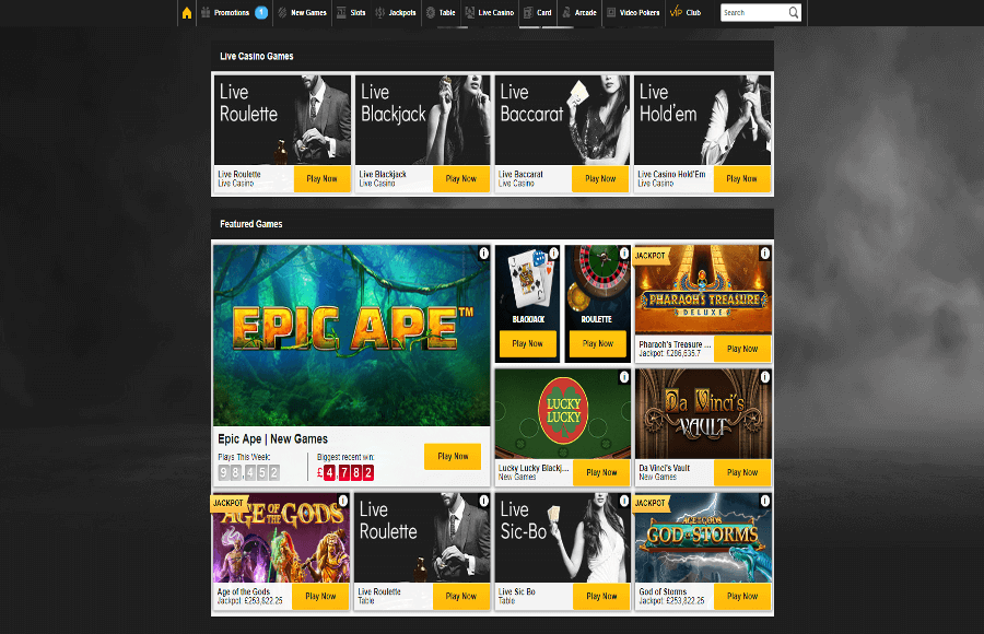 A screenshot of the Betfair casino homepage