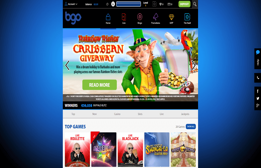 A screenshot of the bgo casino homepage