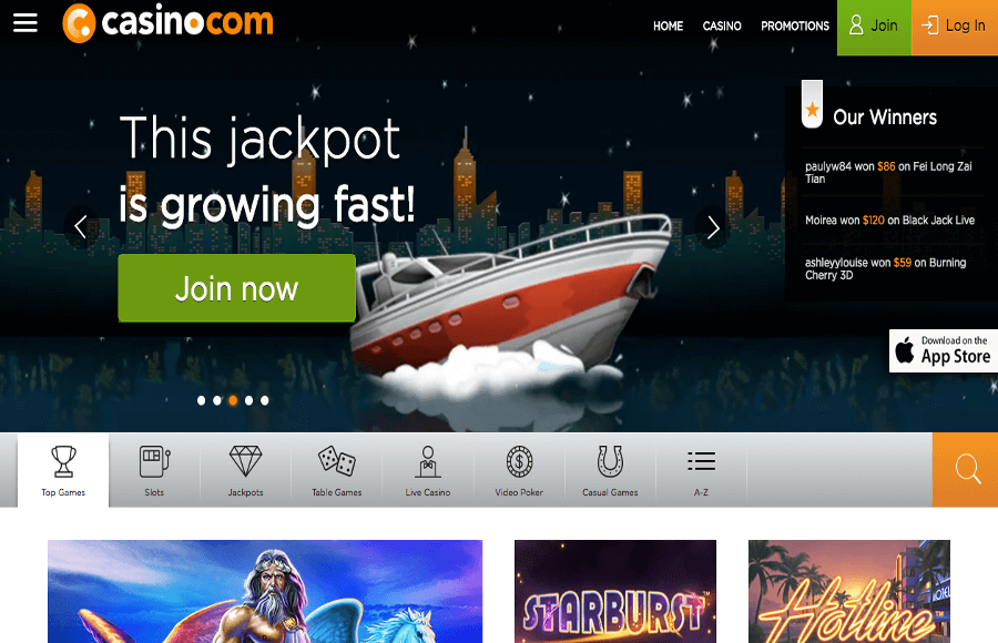 A screenshot of the casino.com homepage