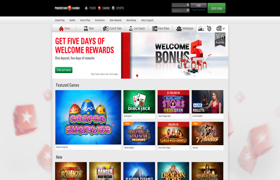 A screenshot of the Pokerstars casino homepage