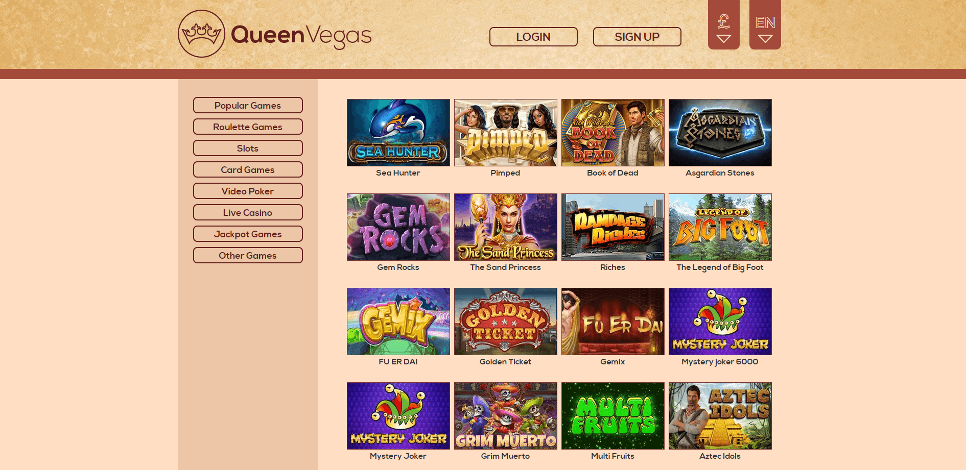 A screenshot of the Queen Vegas casino games page with slots game thumbnails