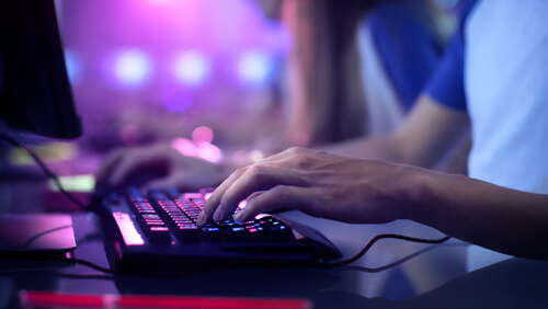An image of hands using a computer keyboard and mouse